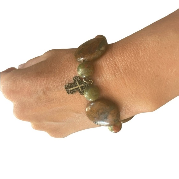 Polished Stone Cross Stretch Bracelet Christian Bohemian Natural Christ - Picture 3 of 3